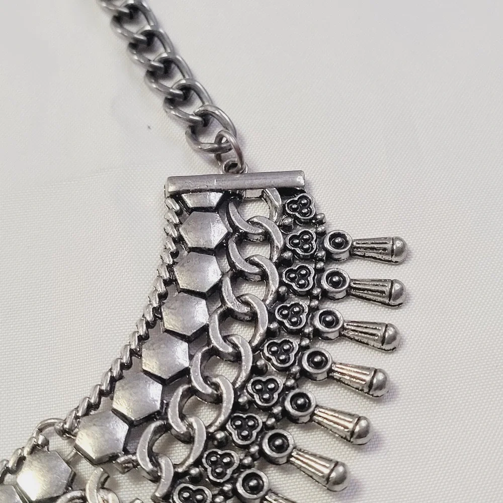 Women's Statement Bib Necklace OS Silver Rhinestone Tiered Boho Crystal U46
